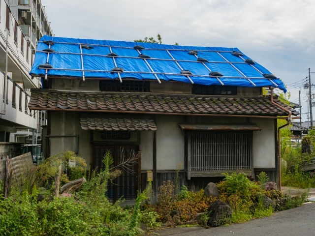 屋根に敷かれたブルーシート